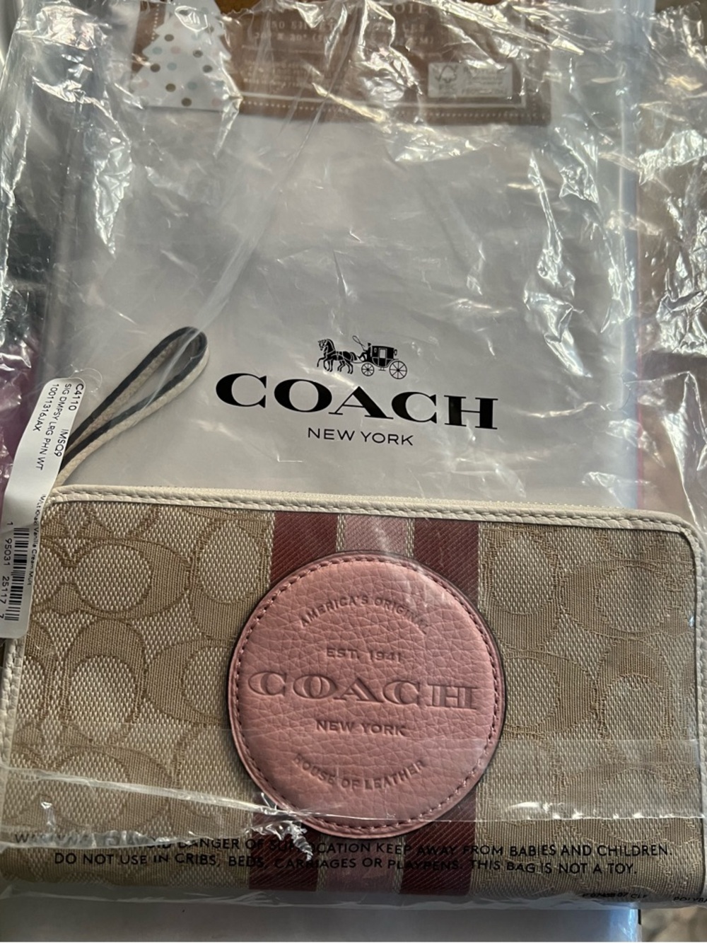 Coach Signature Canvas Wristlet with Pink Medallion and Burgundy Stripe